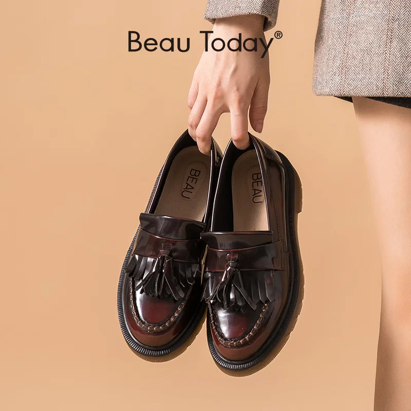 BeauToday mocasines con flecos de piel de vaca auténtica para mujer, zapatos planos sin cordones, hechos a mano, punta redonda, 27701|Zapatos planos de mujer| - AliExpress