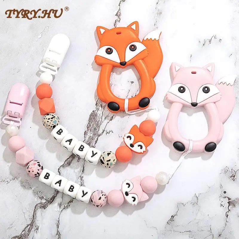 Pacifier Chain Personalized Name Handmade Pacifier Clips Holder Silicone Cartoon Fox Baby Teether Teething Chain pacifier clip pacifier accessories teether clip