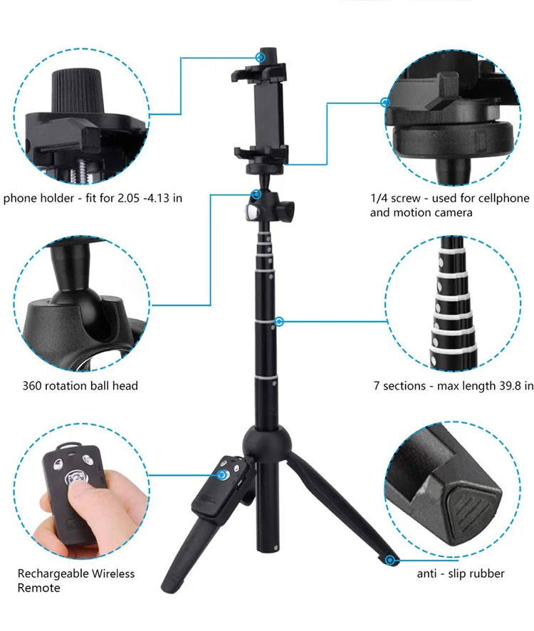 Wireless Bluetooth Selfie Stick Tripod Extendable Phone Tripod Selfie Stick with Remote  for Smartphone DSLR SLR Gopro Camera