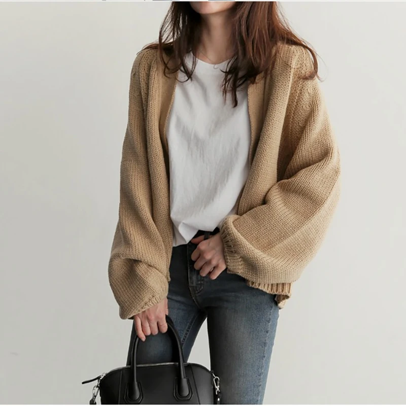 

Short Knitted Cardigan Sweater Women 2009 New Korean Solid Color Lantern Sleeve Sweater Jacket Girls