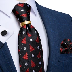 Black Red Christmas Tree Snowflake Print Silk Ties For Men 8cm Wide Men's Neck Tie Handkerchief Cufflinks Set Christmas Gift