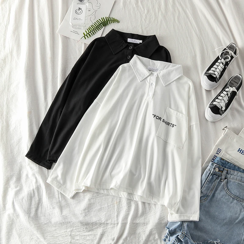 

Mooirue 2019 Autumn Tumblr T Shirt Streetwear Long Sleeve Turn Down Collar Letter Printed Pockets Vintage Tops Cotton Korean Tee