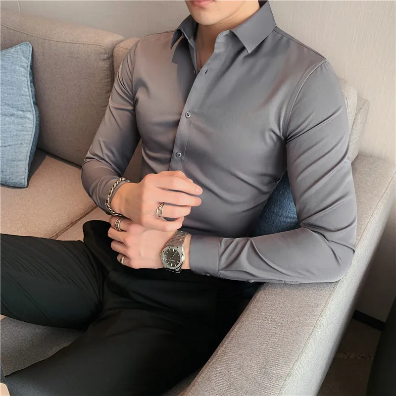 Plus Size S-7XL Men Dress Shirt Autumn Long Sleeve Solid Business Slim Shirt Homme Social Casual