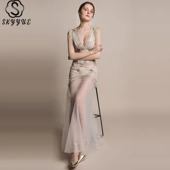 

Skyyue Dress Prom Sexy Deep V-Neck Prom Dresses 2019 Sleeveless Women Party Dresses Straight Floor-Length Vestidos De Gala H111