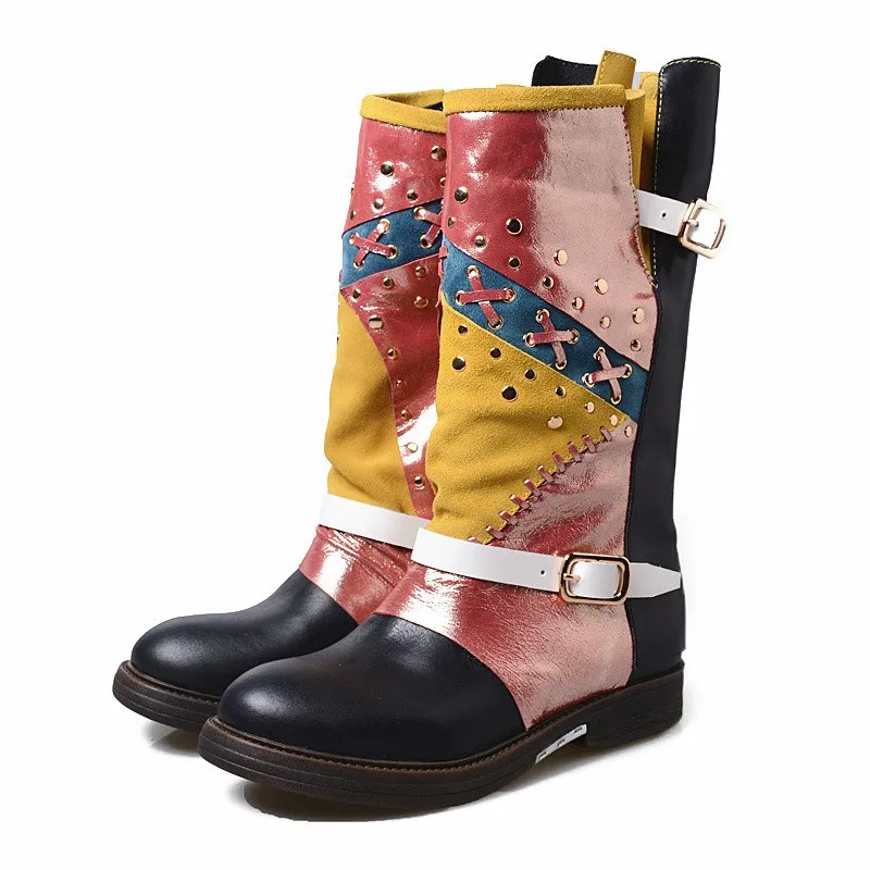 

Stylesowner New Design Retro Martin Boots Woman England Style Cow Leather Mixed Colors Autumn Winter Knight Boots Comfort