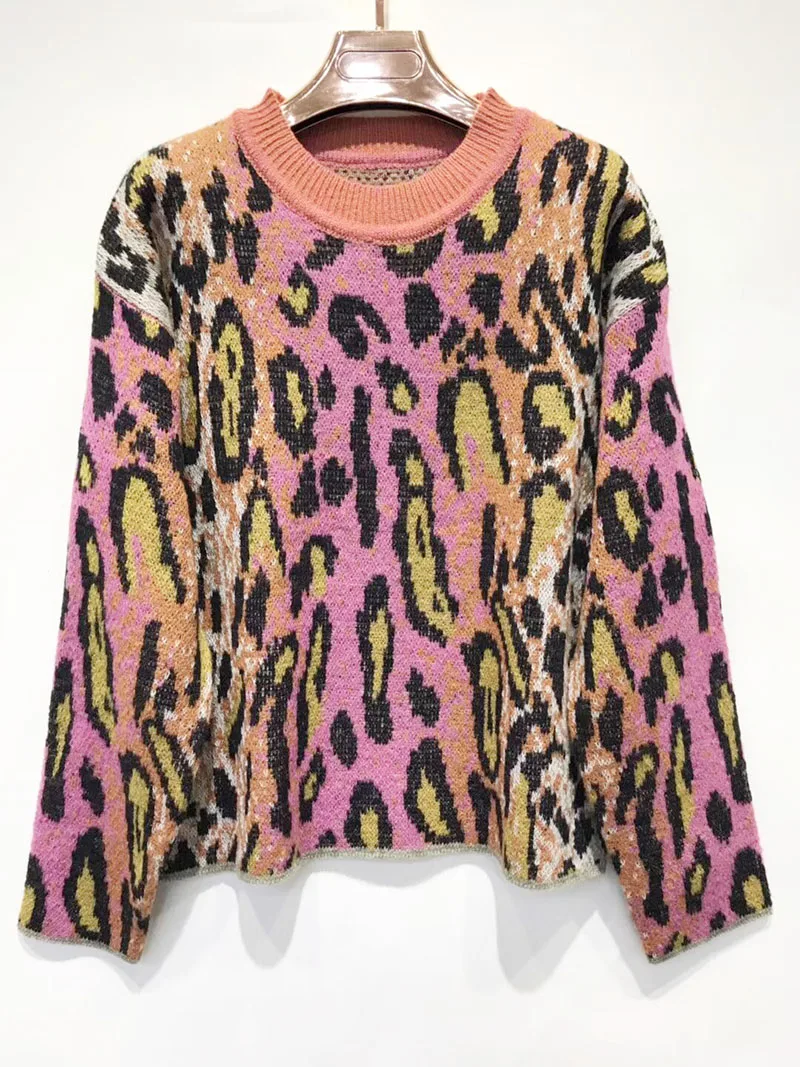 Весна-Осень, Модный женский свитер с леопардовым принтом, пуловер с длинным рукавом+ трикотажная юбка до середины икры, Женский трикотажный комплект