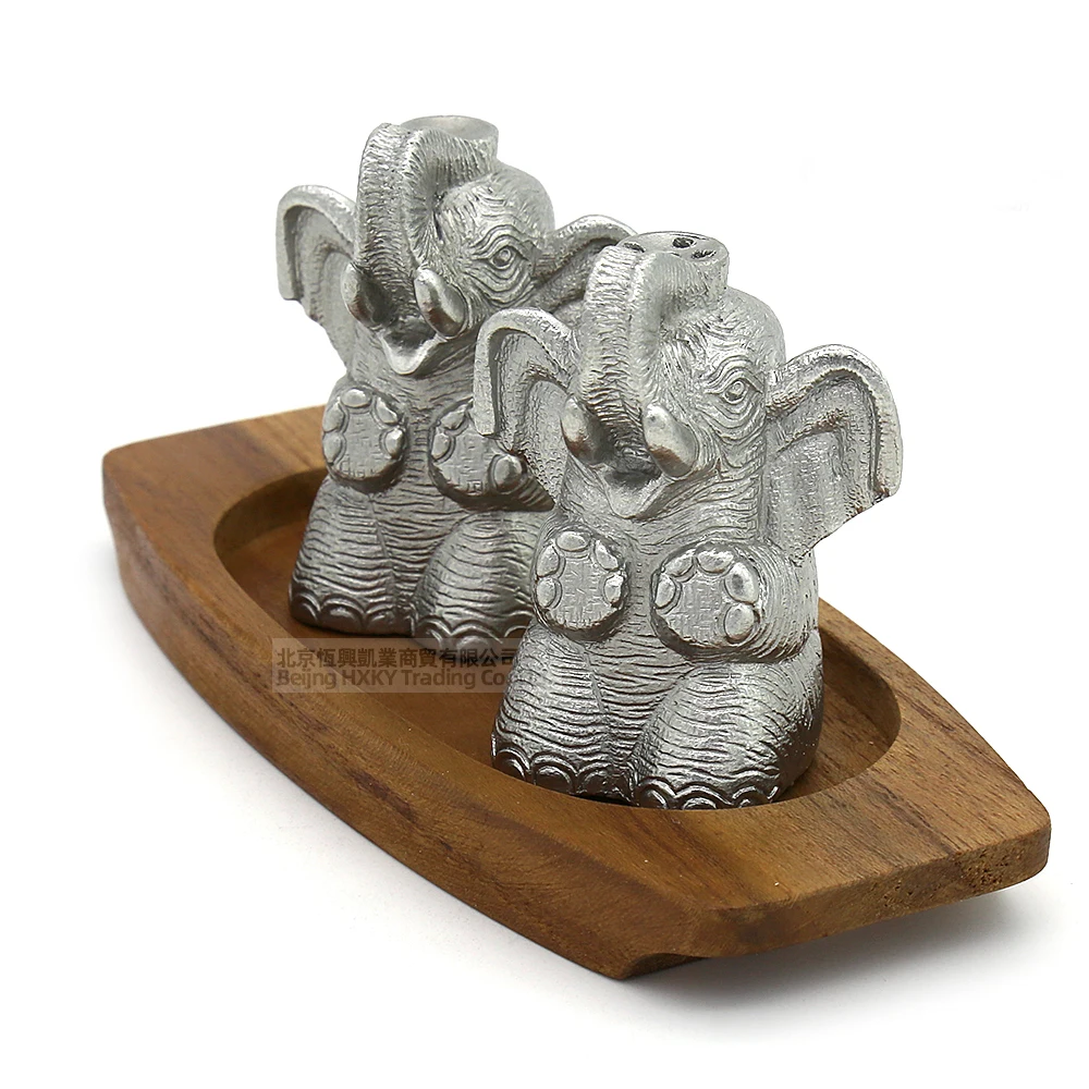 Восточный Pewter-Pewter набор приправ-соль и перец Caddy набор из 3, Детский слон в форме, чистый оловянный 97% без свинца Таиланд