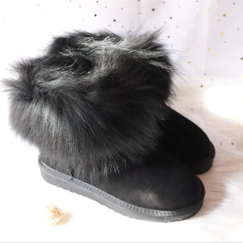 New Natural Big Fox Fur Genuine Leather Women Snow Boots Wool Inside Winter Boots Slip-On Ankle Boots Female Raccoon Fur