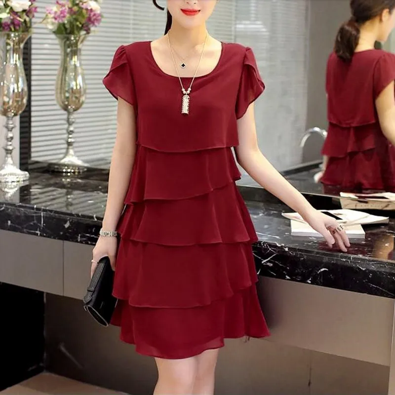 47-100kg Can Wear 5xl Casual Knee-length A-line Chiffon Wine Red Black Pink Summer Plus Size Cocktail Dresses Women Party Dress
