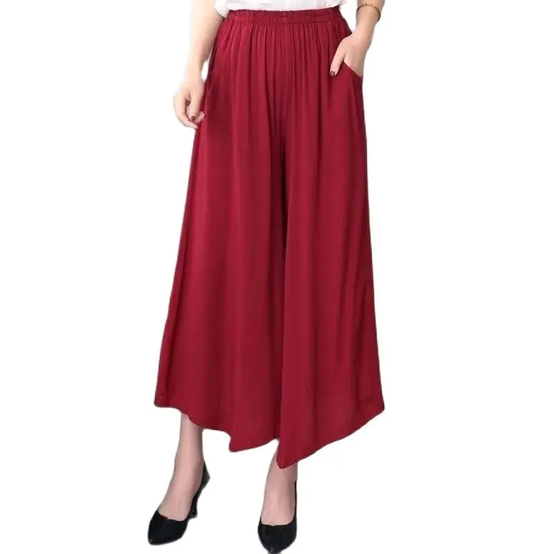 

Middle-Aged Female Summer Cotton Linen Wide Leg Pants Loose Ladies Fashion Tight Waist Culottes High Waist Women Cropped Pants