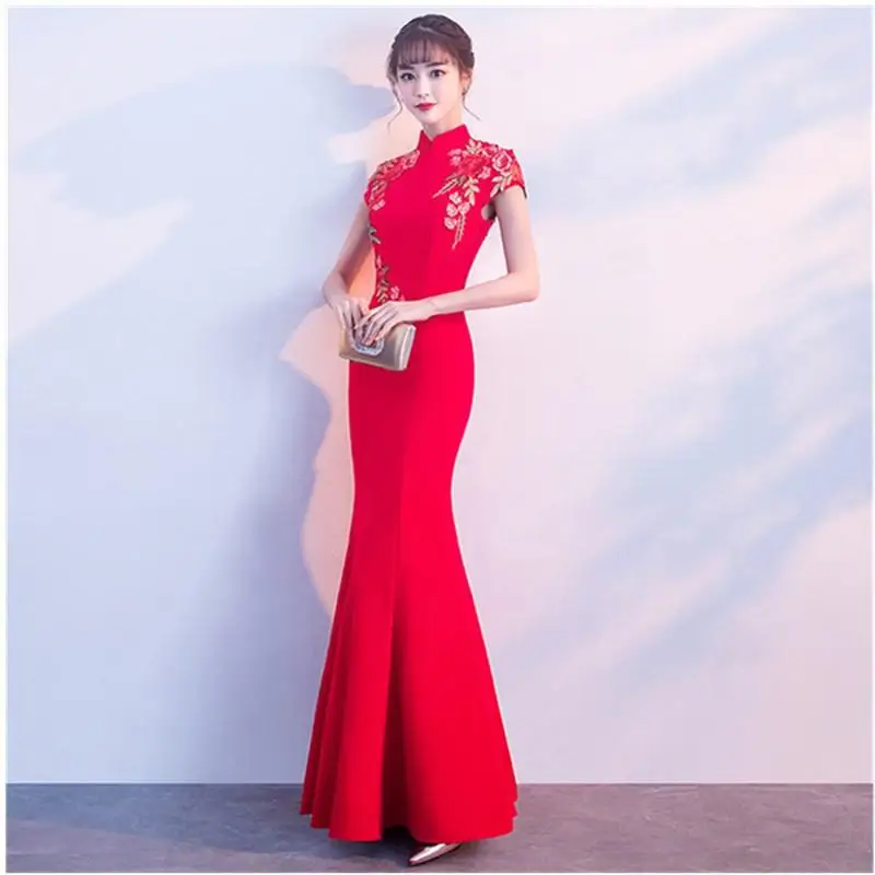 Красный Для женщин Русалка Cheongsam Длинные вечерние платья с воротником «Мандарин», китайский Стиль вышивка для свадьбы или торжественного случая, Украшенные невесты Vestido XS-3XL - Цвет: Red