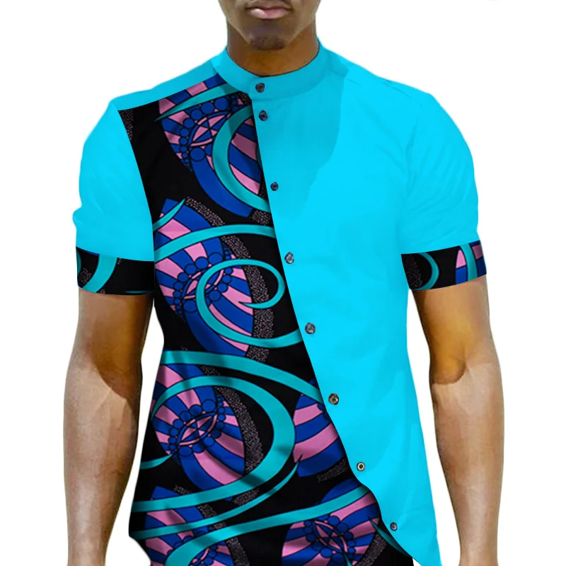 Мужская африканская одежда Дашики Мужская Топ рубашка Bazin Riche африканская мужская одежда хлопок печать Лоскутная Кнопка Топ рубашка WYN22 - Цвет: 21