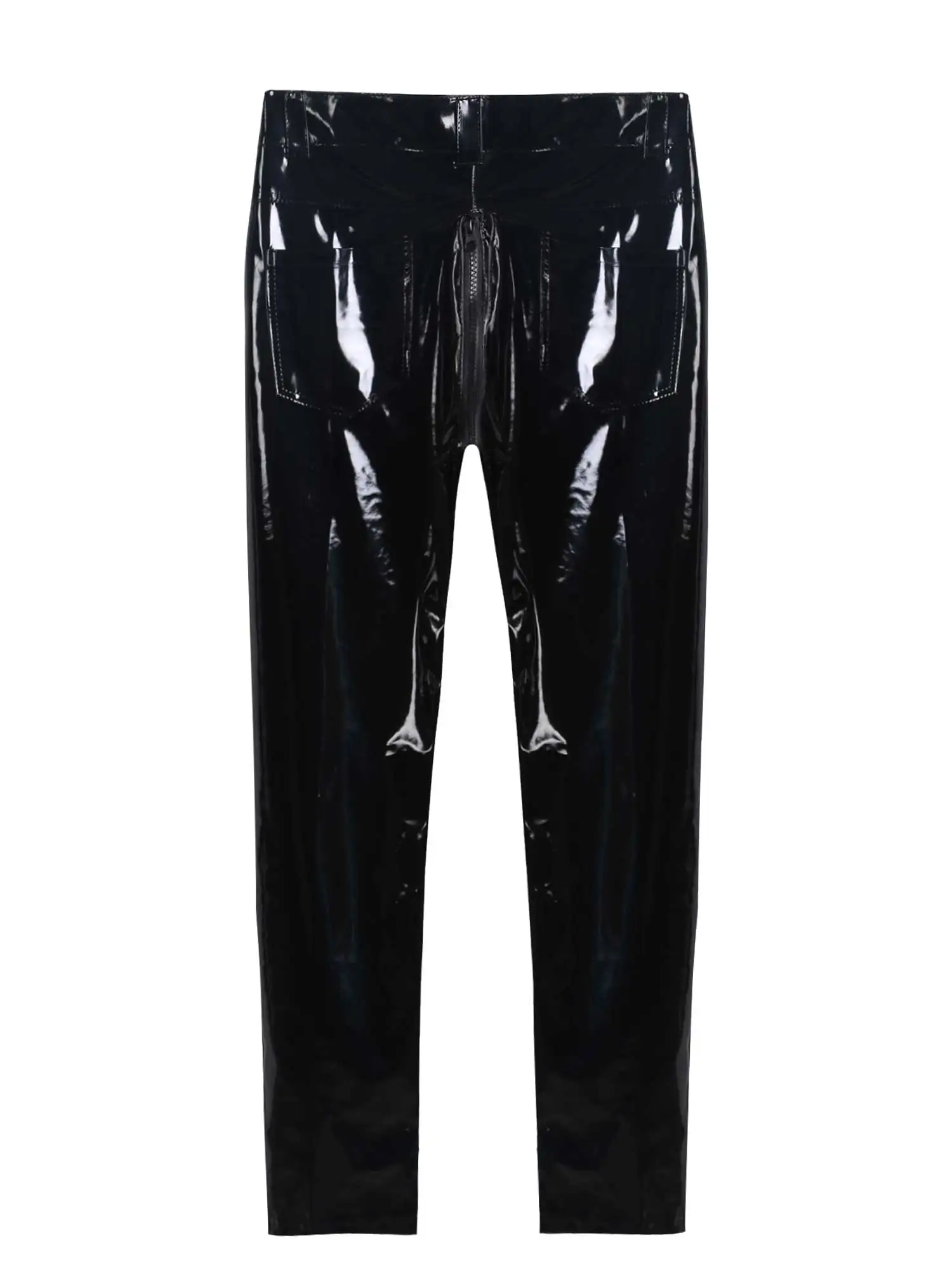 Sexy Black Latex Pants Men Lingerie Shiny Wetlook Patent Leather Trousers Open Crotch Costume Erotic Skinny Crotchless Pants