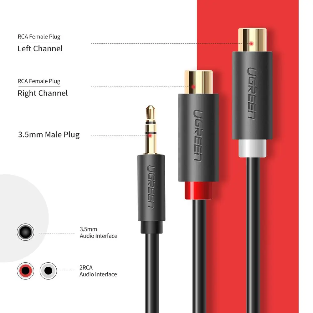 UGREEN 3.5MM  2 RCA   ׷  ̺ Y    forComputer Ŀ 3.5 RCA  ̺