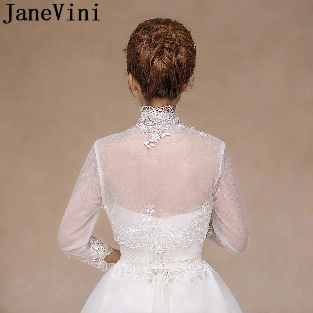 JaneVini 3/4, длинный рукав, Женская куртка, Кружевная аппликация, свадебное пальто, белая прозрачная Свадебная накидка для невесты, шаль, болеро, накидка-палантин