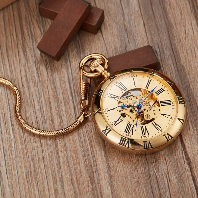 Luxury Copper Silver Automatic Mechanical Pocket Watch Clock Fob Chain Watch Men Roman Numbers Clock High Quality Pocket watches
