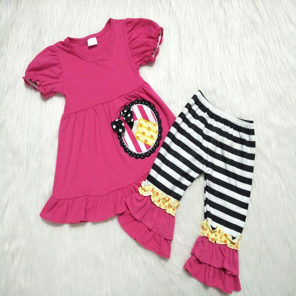 

New arrival school outfits for baby girls red pencil top+striped ruffle pants 2 pcs sets girl back to school embroidery outfit