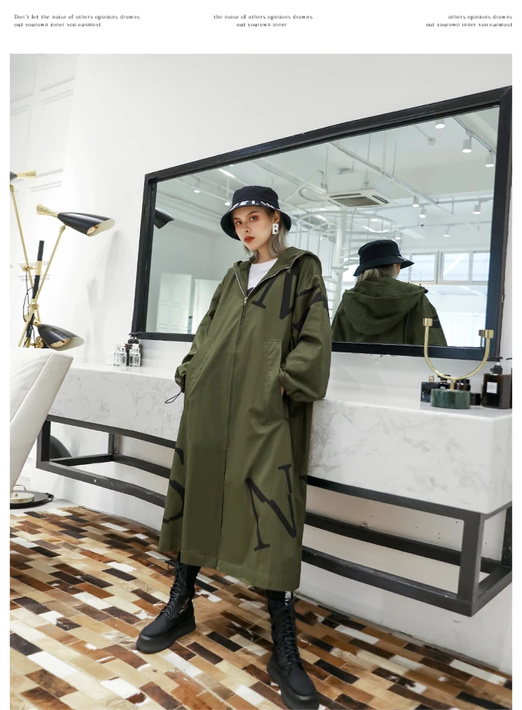 Oversize women's loose hooded trench coat fashion letter print batwing sleeve army green windbreaker for Muslim ladies