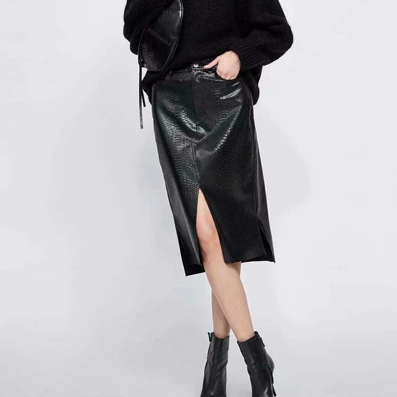 Heydress Для женщин новые пикантные осенние Разделение прямые юбки из искусственной кожи Искусственная кожа женские Облегающие юбки Повседневное леди миди-юбка, суженная книзу