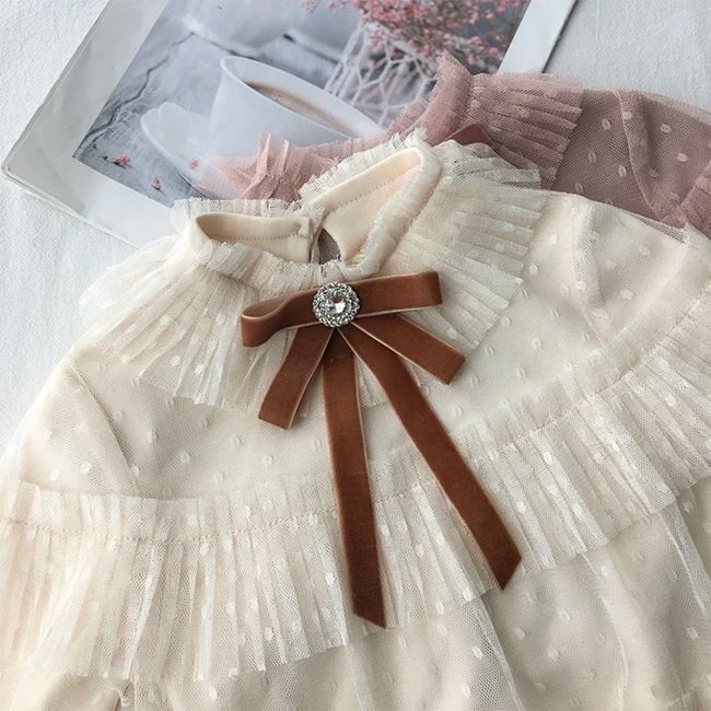 Весенне-осеннее платье-пачка для девочек платье для малышей vestidos/детская одежда многослойное кружевное бархатное Плиссированное Сетчатое платье в горошек с бантом для детей возрастом от 4 до 14 лет