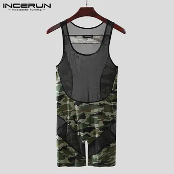

Men Rompers Homewear Sleeveless Camouflage Print Mesh Patchwork Transparent Sleepwear Sexy Men Playsuit Skinny Jumpsuit INCERUN