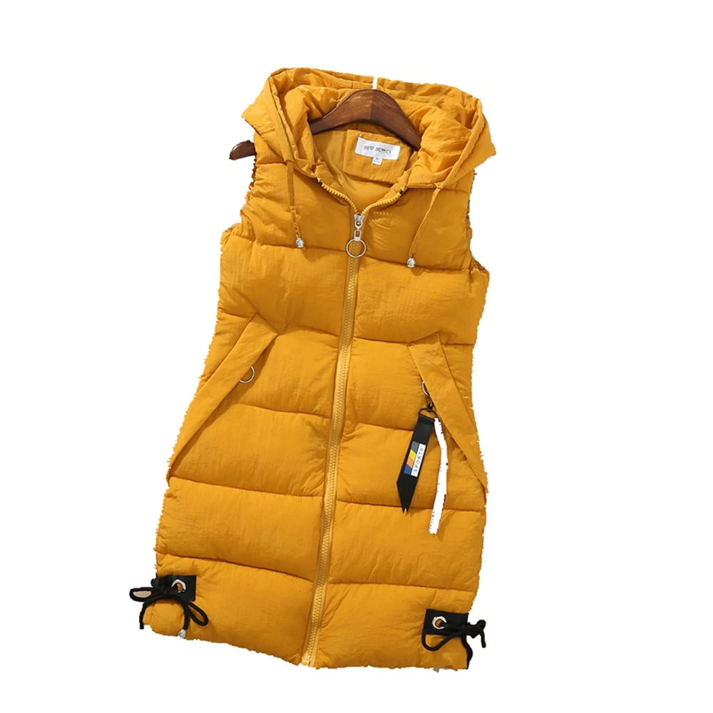 Hndjxxxy плюс размер женский жилет зимняя куртка карманное пальто с капюшоном теплый повседневный жилет из хлопка, с подкладкой женский тонкий жилет без рукавов - Цвет: Золотой