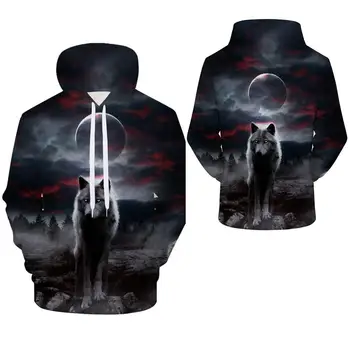 

Men Casual 3D Wolf Print Long Sleeve Drawstring Hooded Sweatshirt Hoodies
