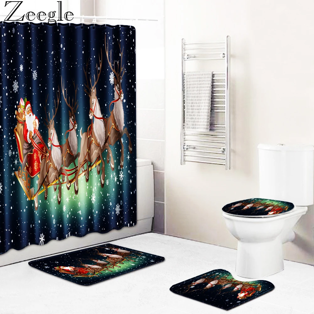 Zeegle 4pcs Christmas Bath Curtain Waterproof Shower Curtain Washable Bathroom Rug Set Absorbent Foot Mat Anti-slip Bath Mat Set