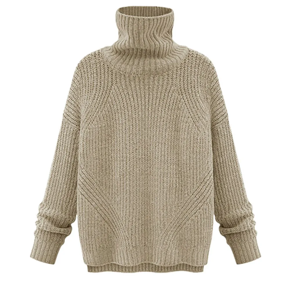 

Sweaters Women 2020 Solid Beige Patchwork Autumn Thin Loose Knitted Long Sleeves Turtleneck Pullover Female Sweater