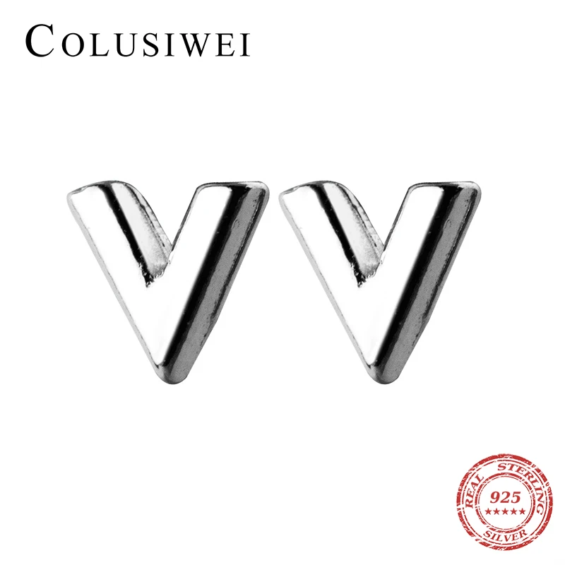 Colusiwei V Форма Серьги гвоздики хип поп серебряная буква серьги для женщин мужчин Аутентичные стерлингового серебра 925 Панк модные ювелирные изделия