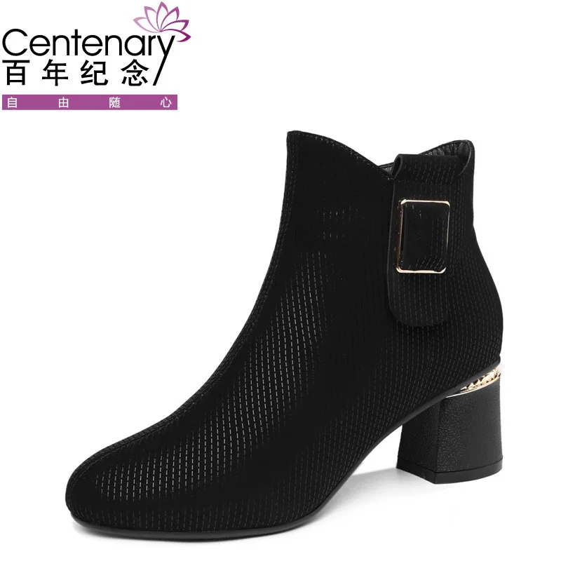 

Centennial 2019 Winter New Style round-Toe Chunky Heel Boots Side Zipper Fashion Short Boots Waterproof Platform WOMEN'S Shoes 1