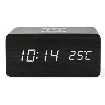 

Multifunction Alarm Rectangle Wooden Clock USB Dual Power Gift Qi Wireless Charger Digital Display Modern Voice Control Led Home