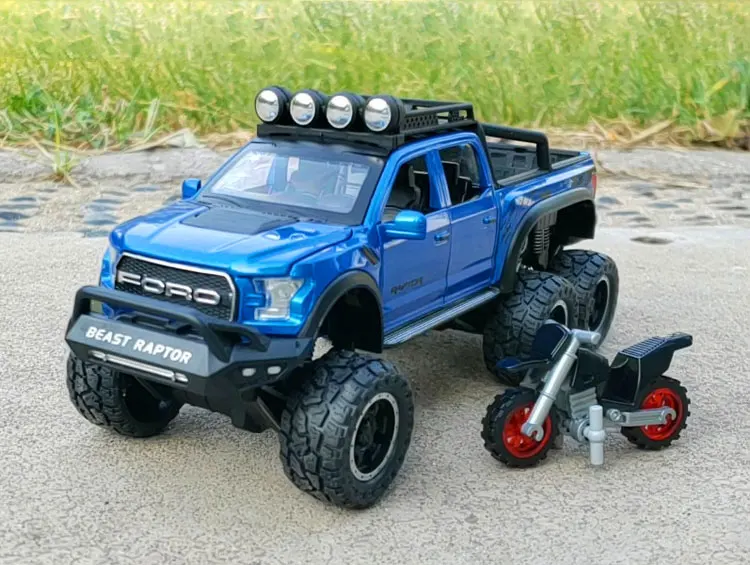 New 1:28 Ford Raptor F150 Alloy Diecast Car Model Toys Sound Light Toy Pickup Truck Pull Back Vehicle For Children