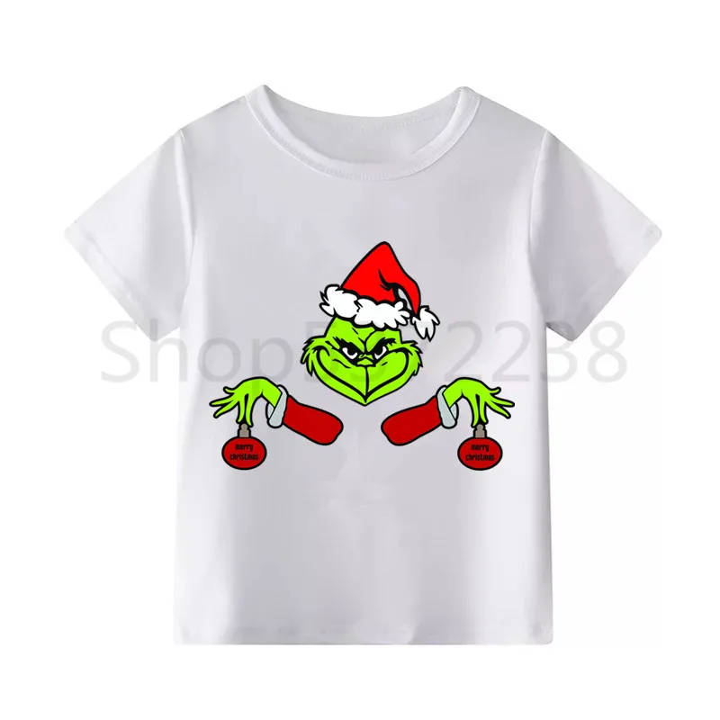 Футболка Grinch с забавным принтом; футболки для мальчиков; детская футболка с короткими рукавами; Детские футболки с принтом; детская белая одежда