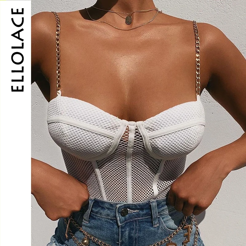 

Ellolace Sexy Mesh Bodysuits Slim Body Rompers Train Strap Sleeveless Transparent Backless 2019 New Fashion Bodycon Overalls