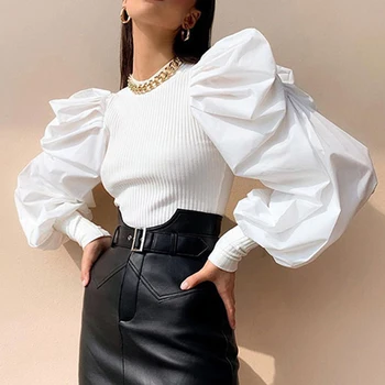 

Dihope Puff Sleeve Knitwear Sweater Mesh Transparent Pullover Autumn Women Polka Dot Winter Knitted Turtleneck Jumper Tops