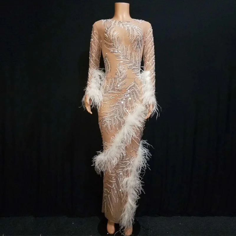 

Sexy See-Through Long Dress Costume Sparkly Rhinestone White Feather Dresses Birthday Prom Evening Festival Outfit Rave DT1356