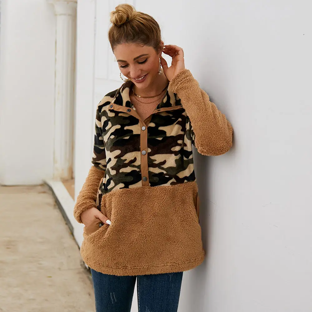 

2020 Women Camo Teddy Fleece Sweaters Fluffy Sherpa Pullover Camouflage Plus Size Sweaters Winter Warm Female Streetwear