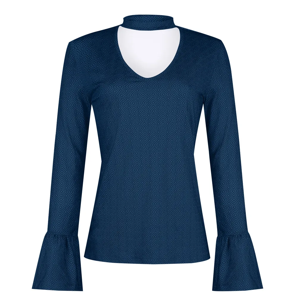 Синий Tshirt Women Winter Fashion Slim Horn Sleeve Printed T-shirt Tops Poleras Camiseta Mujer Top Women Harajuku T Shirt Haut Femme - Цвет: Синий