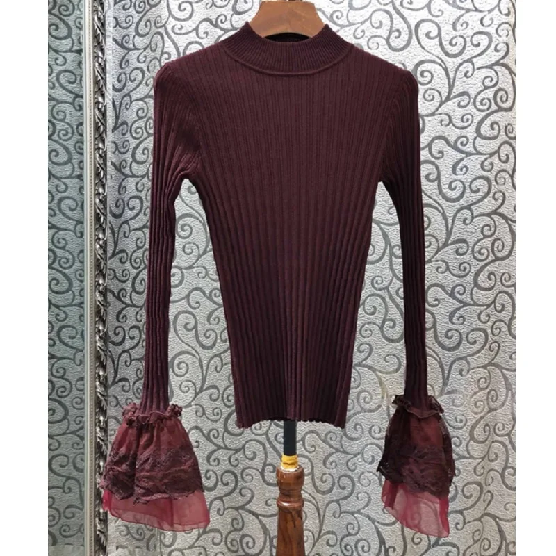 wine red Новинка осень зима пуловеры женские трикотаж высокого качества с расклешенными рукавами Повседневные белые черные винно-красные базовые свитера женские - Цвет: wine red