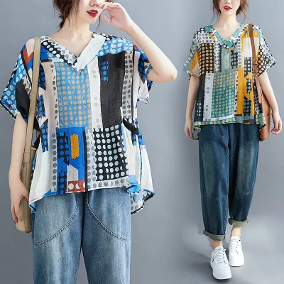 

2020 Summer Wave Point Tencel Cotton Shirt For Women Leisure Large Size Print Loose Womens Tops And Blouses Blue Green Oversize