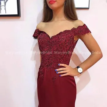 

Long Mermaid Evening Dress Off Shoulder Beaded Appliques Burgundy Party Dresses vestido de noche Zipper Back Evening Prom Gown