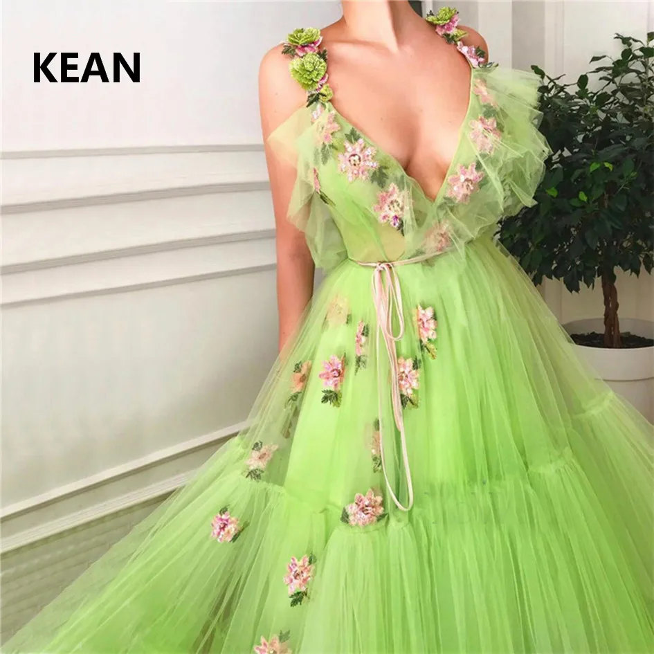 Келли зеленое вечернее платье с v-образным вырезом и аппликацией; Robe De Soiree Формальные ислам Дубаи кафтан саудовско-Аравийский Boho выпускное платье vestidos