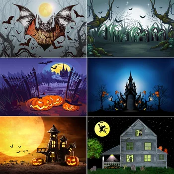 

Acejoker Cartoon Halloween Backdrop Photography for Party Pumpkin Castle Bat Customized Vinyl Background Photo Studio Props