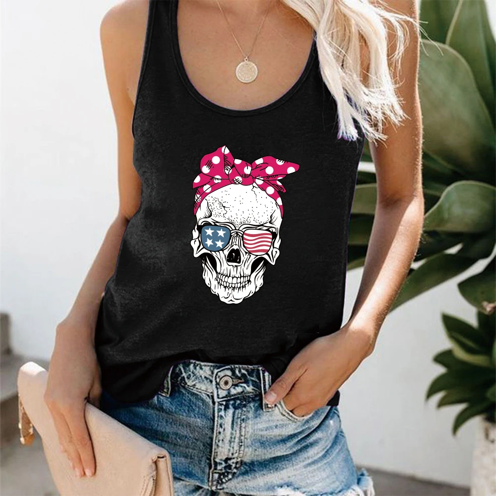 Graphic Vest Sunglasses Tank-Top Camiseta-Tirantes Skull Fashion Tops Print Teens Summer