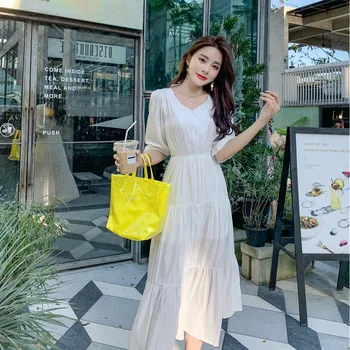 

A large number of spot. Summer ~ make ~ long pure color v-neck holiday temperament posed the dress waist