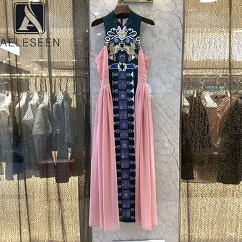 

AELESEEN Runway Fashion Women Dress Summer 2020 High Quality Sleeveless Flower Embroidery V-Neck Patchwork Long Party Dress