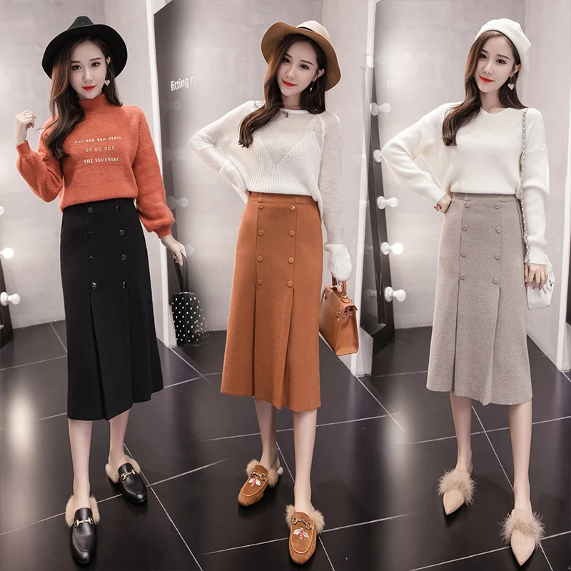 High Waist Stretch Knitted Skirt Women Elegant Double breasted Straight Long Skirts Female Autumn Winter Vintage Pleated Skirt