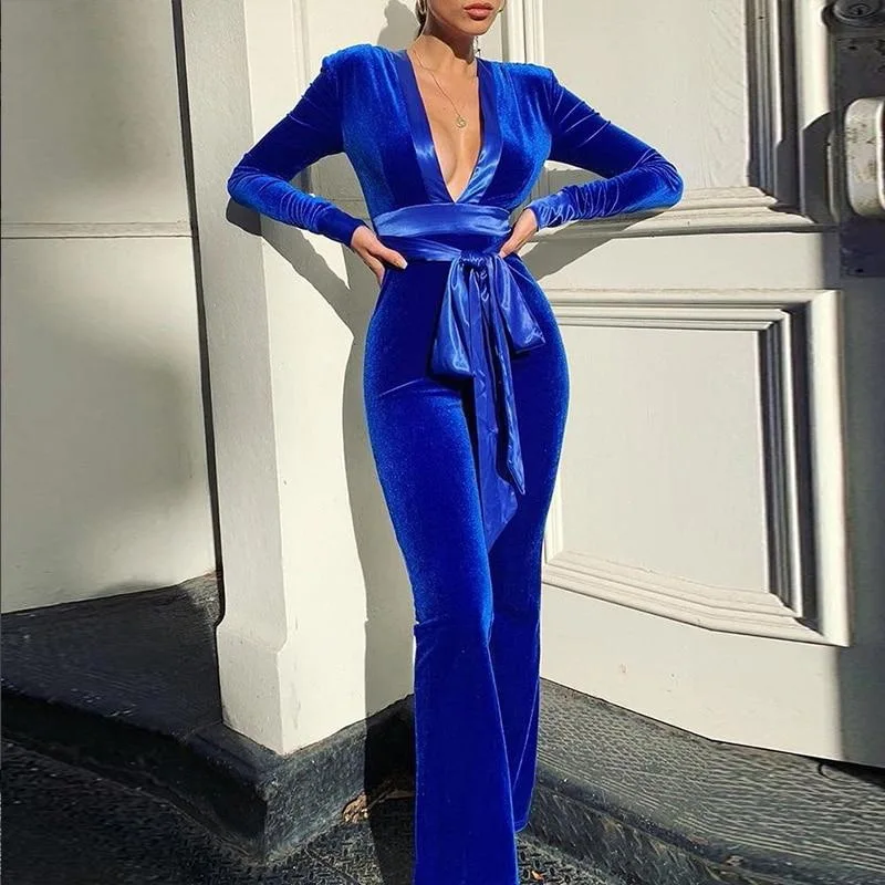 Solid Velvet Women Long Sleeve V Neck Wide Leg Jumpsuit Shoulder Pads Belt Streetwear Party Elegant 2021 Autumn Rompers