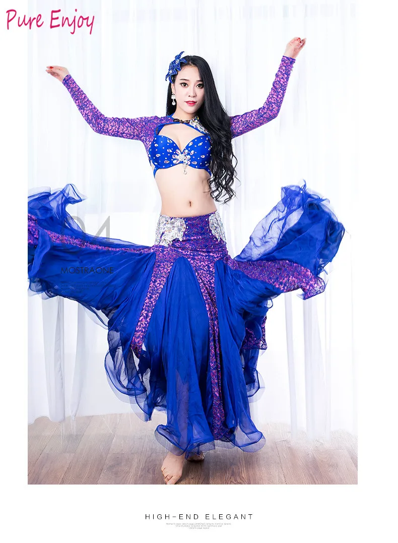 Синий 2 шт. Наборы Танец Живота Костюм Для Женщин Дамы Bellydance Роскошный Алмаз Взрослых Шифон Юбка Сценическое Танцевальная Одежда Девушки - Цвет: Синий